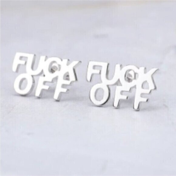 Silver Stainless Steel Letter Stud F*uck off Earrings - Picture 1 of 5